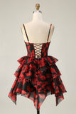Zwart Rood A Line Cowl Neck Korset Gelaagde Korte Homecoming Jurk
