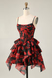 Zwart Rood A Line Cowl Neck Korset Gelaagde Korte Homecoming Jurk