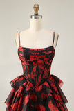 Zwart Rood A Line Cowl Neck Korset Gelaagde Korte Homecoming Jurk