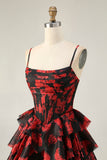 Zwart Rood A Line Cowl Neck Korset Gelaagde Korte Homecoming Jurk
