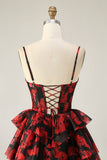 Zwart Rood A Line Cowl Neck Korset Gelaagde Korte Homecoming Jurk