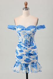 Wit Blauwe Bloem Off the Shoulder Korset Korte Homecoming Jurk met Ruches