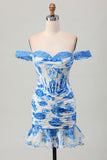 Wit Blauwe Bloem Off the Shoulder Korset Korte Homecoming Jurk met Ruches