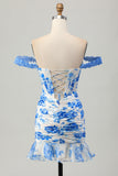Wit Blauwe Bloem Off the Shoulder Korset Korte Homecoming Jurk met Ruches