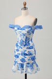 Wit Blauwe Bloem Off the Shoulder Korset Korte Homecoming Jurk met Ruches