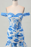Wit Blauwe Bloem Off the Shoulder Korset Korte Homecoming Jurk met Ruches