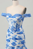 Wit Blauwe Bloem Off the Shoulder Korset Korte Homecoming Jurk met Ruches