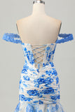 Wit Blauwe Bloem Off the Shoulder Korset Korte Homecoming Jurk met Ruches