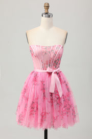 Roze bloem strapless korset korte Homecoming jurk met strik