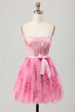 Roze bloem strapless korset korte Homecoming jurk met strik