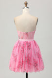Roze bloem strapless korset korte Homecoming jurk met strik