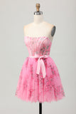 Roze bloem strapless korset korte Homecoming jurk met strik