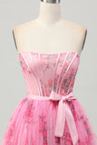 Roze bloem strapless korset korte Homecoming jurk met strik