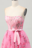 Roze bloem strapless korset korte Homecoming jurk met strik