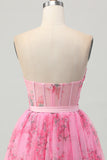 Roze bloem strapless korset korte Homecoming jurk met strik