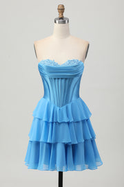 Blauw gelaagd korset A Line strapless korte homecoming-jurk