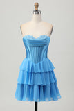 Fuchsia Strapless Korset Gelaagde A Line Korte Homecoming Jurk