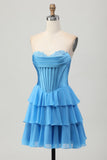 Fuchsia Strapless Korset Gelaagde A Line Korte Homecoming Jurk