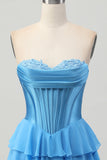 Blauw gelaagd korset A Line strapless korte homecoming-jurk