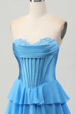 Blauw gelaagd korset A Line strapless korte homecoming-jurk