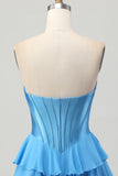 Blauw gelaagd korset A Line strapless korte homecoming-jurk