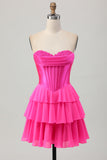 Fuchsia Strapless Korset Gelaagde A Line Korte Homecoming Jurk