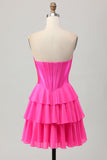 Fuchsia Strapless Korset Gelaagde A Line Korte Homecoming Jurk