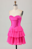 Fuchsia Strapless Korset Gelaagde A Line Korte Homecoming Jurk