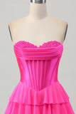 Fuchsia Strapless Korset Gelaagde A Line Korte Homecoming Jurk