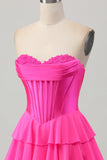 Fuchsia Strapless Korset Gelaagde A Line Korte Homecoming Jurk