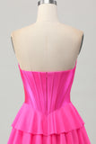Fuchsia Strapless Korset Gelaagde A Line Korte Homecoming Jurk