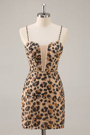 Kahki Luipaard Korset Bodycon Korte Homecoming Jurk met Pailletten
