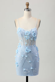 Blauwe Bodycon Korset Pailletten Korte Homecoming Jurk met 3D Bloemen