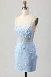 Blauwe Bodycon Korset Pailletten Korte Homecoming Jurk met 3D Bloemen