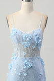 Blauwe Bodycon Korset Pailletten Korte Homecoming Jurk met 3D Bloemen