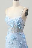Blauwe Bodycon Korset Pailletten Korte Homecoming Jurk met 3D Bloemen