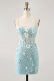 Blauwe Bodycon Korset Pailletten Korte Homecoming Jurk met 3D Bloemen