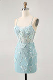 Blauwe Bodycon Korset Pailletten Korte Homecoming Jurk met 3D Bloemen