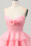 Leuke Blush A-lijn strapless uitgesneden gelaagde korte homecoming-jurk