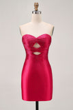 Fuchsia Strapless Uitgesneden Kralen Bodycon Homecoming Jurk