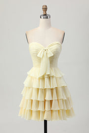 Gele Strapless A-lijn gelaagde Homecoming-jurk met strik