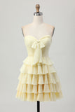 Gele Strapless A-lijn gelaagde Homecoming-jurk met strik