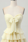 Gele Strapless A-lijn gelaagde Homecoming-jurk met strik