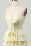 Gele Strapless A-lijn gelaagde Homecoming-jurk met strik