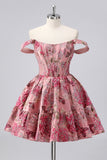 Off The Shoulder Donkergroen Brokaat Bloemen A Line Bedrukte Homecoming Jurk