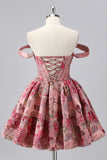 Off The Shoulder Donkergroen Brokaat Bloemen A Line Bedrukte Homecoming Jurk