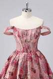 Off The Shoulder Donkergroen Brokaat Bloemen A Line Bedrukte Homecoming Jurk