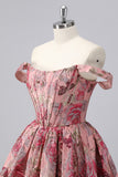 Off The Shoulder Donkergroen Brokaat Bloemen A Line Bedrukte Homecoming Jurk