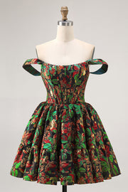 Off The Shoulder Donkergroen Brokaat Bloemen A Line Bedrukte Homecoming Jurk
