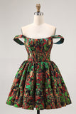 Off The Shoulder Donkergroen Brokaat Bloemen A Line Bedrukte Homecoming Jurk